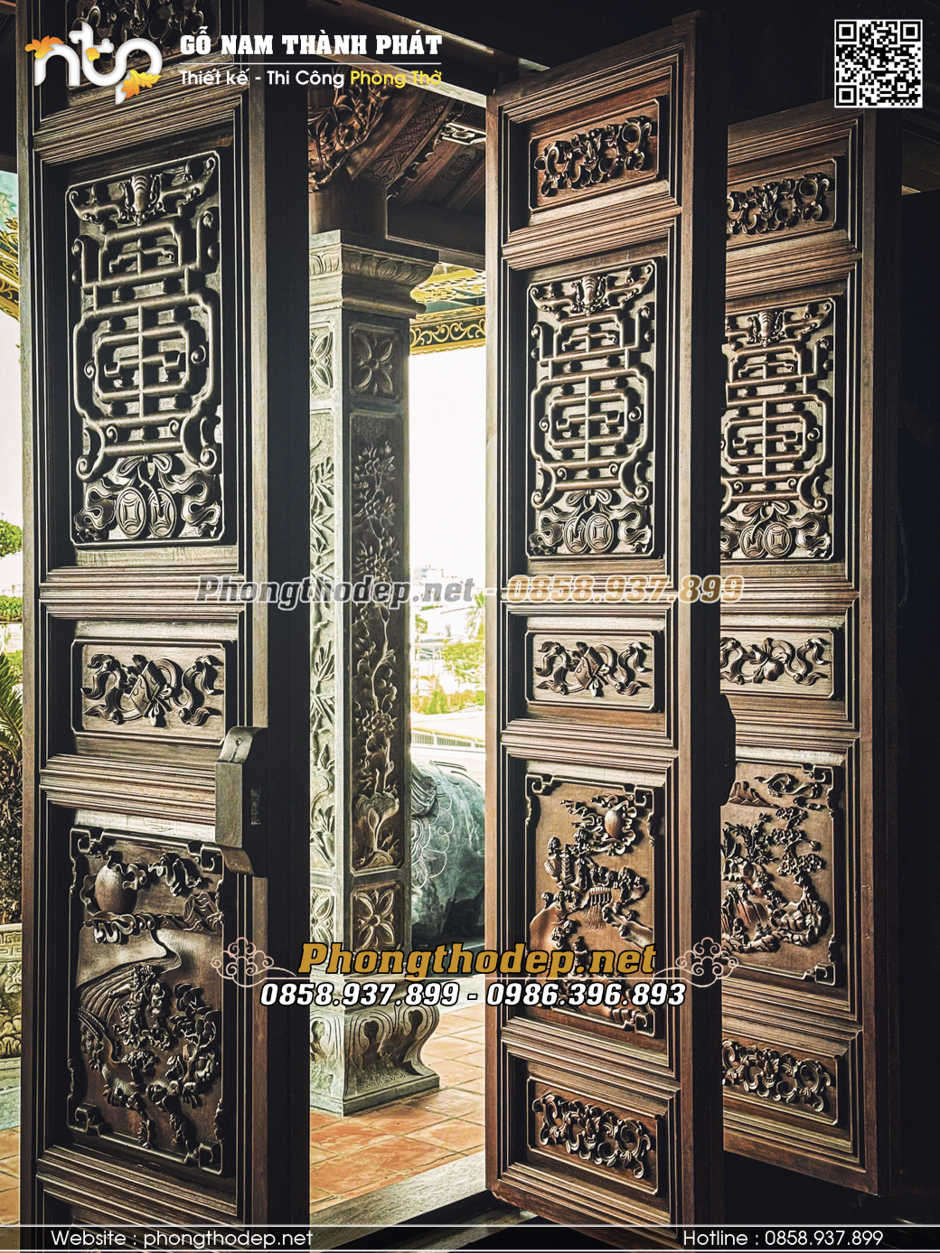 Mẫu cửa bức bàn đục chạm hoạ tiết chữ phúc trên lá pano đặc